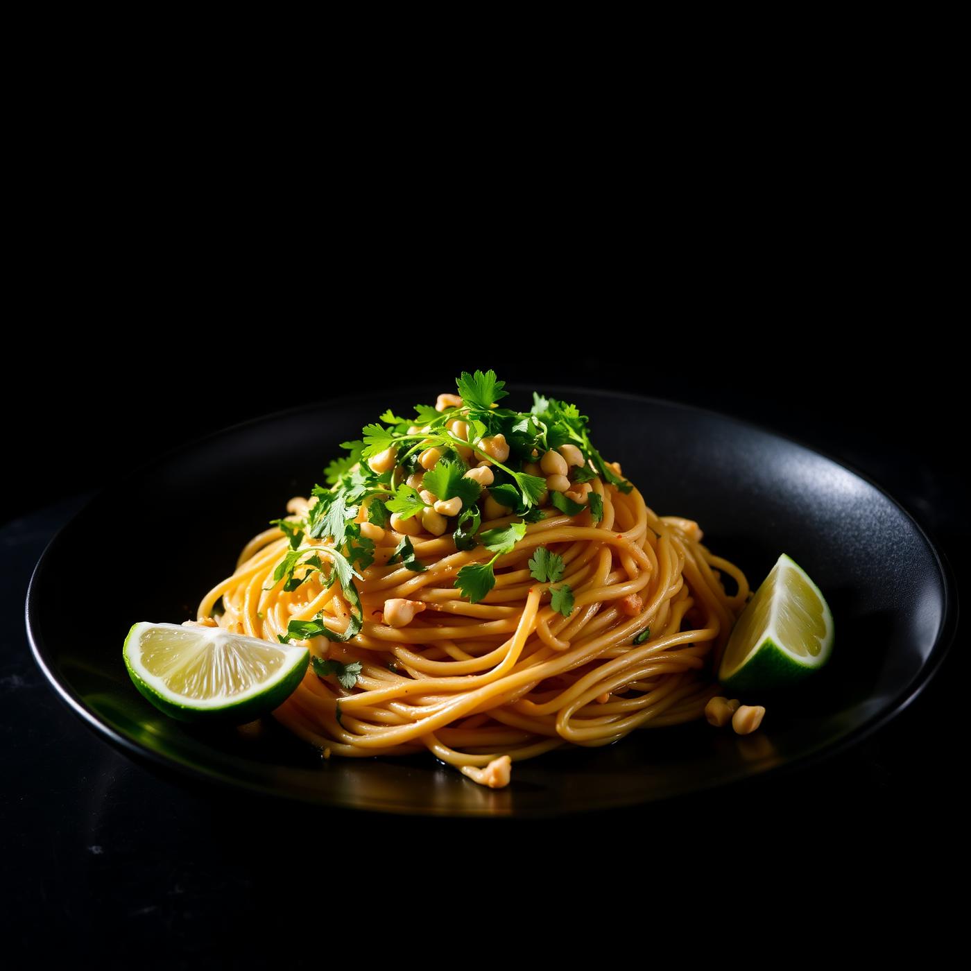 Elegant serverad thailändsk Pad Thai med koriander och lime